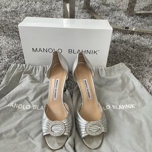 Manolo Blahnik Women’s Metallic Sedaraby Jewel Buckle Dorsay Pump (gently used)